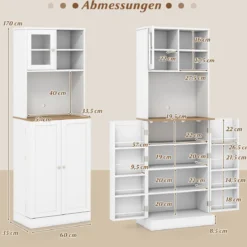 Küchen-Vorratsschrank 170 cm Holzschrank mit Mikrowellenregal 8 Türregale & 5 verstellbare Regale Weiß