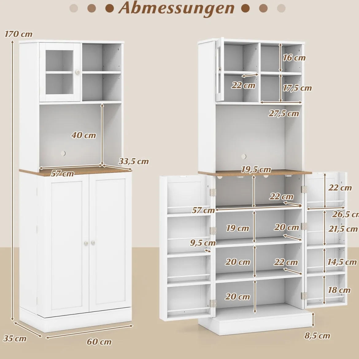 Küchen-Vorratsschrank 170 cm Holzschrank mit Mikrowellenregal 8 Türregale & 5 verstellbare Regale Weiß