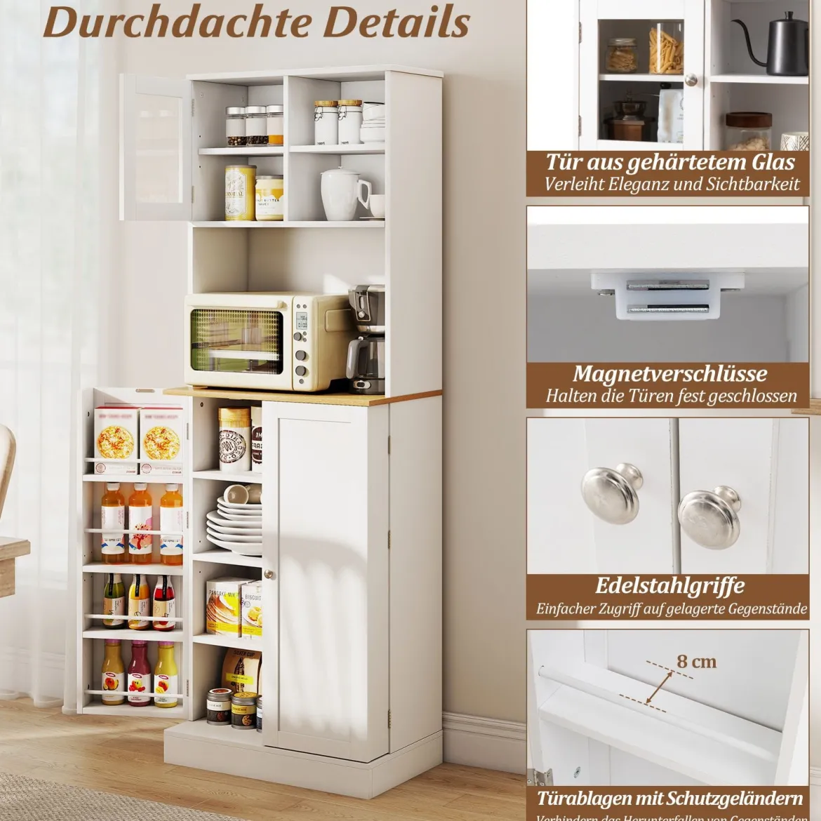 Küchen-Vorratsschrank 170 cm Holzschrank mit Mikrowellenregal 8 Türregale & 5 verstellbare Regale Weiß