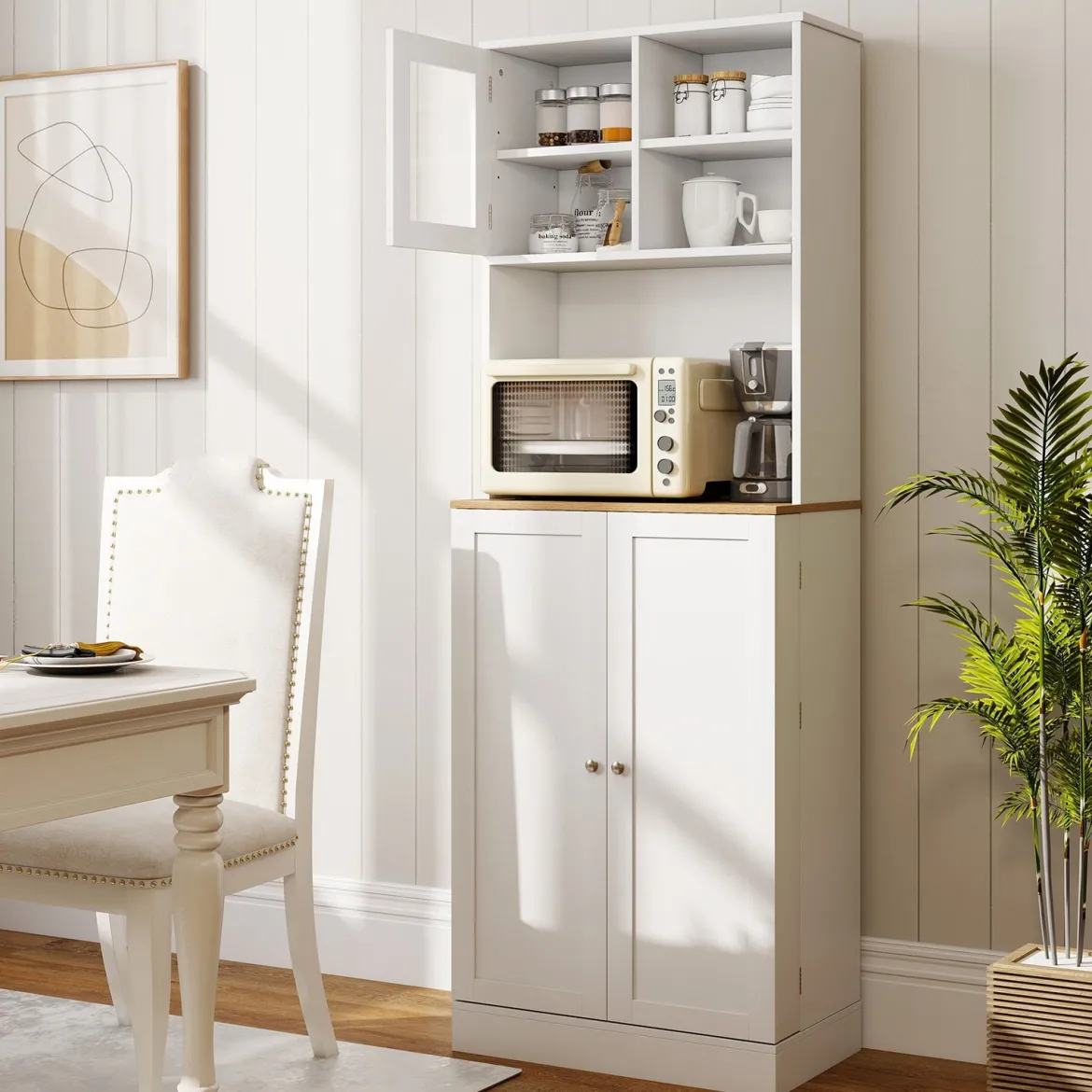 Küchen-Vorratsschrank 170 cm Holzschrank mit Mikrowellenregal 8 Türregale & 5 verstellbare Regale Weiß