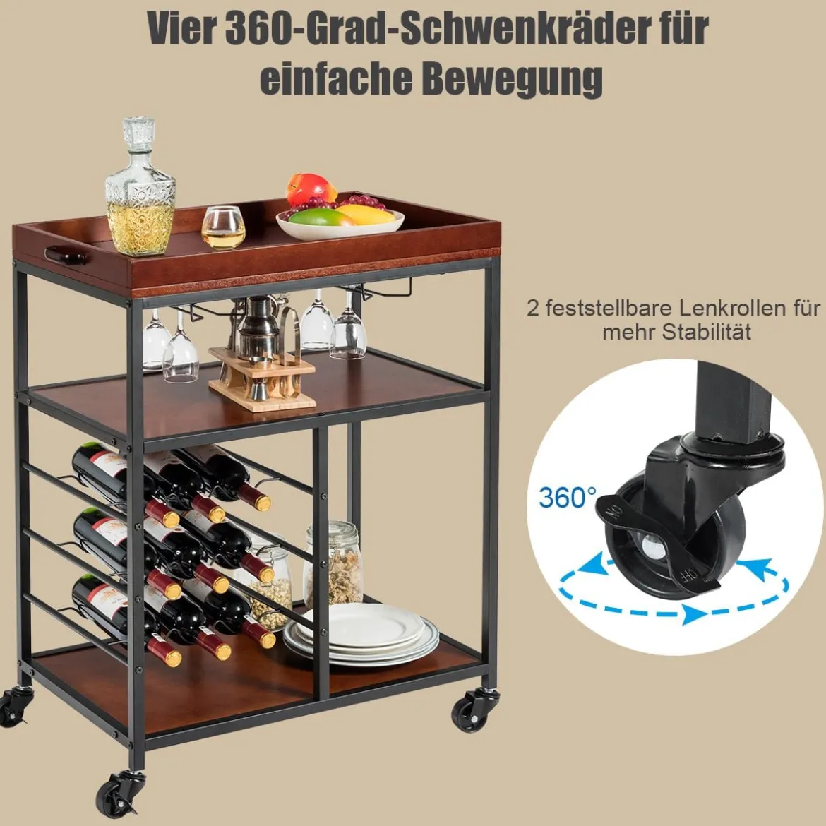 Küchenwagen 3 Ablagen Servierwagen Küchenrollwagen mit Universalrädern Holz Braun 71 x 45 x 93 cm