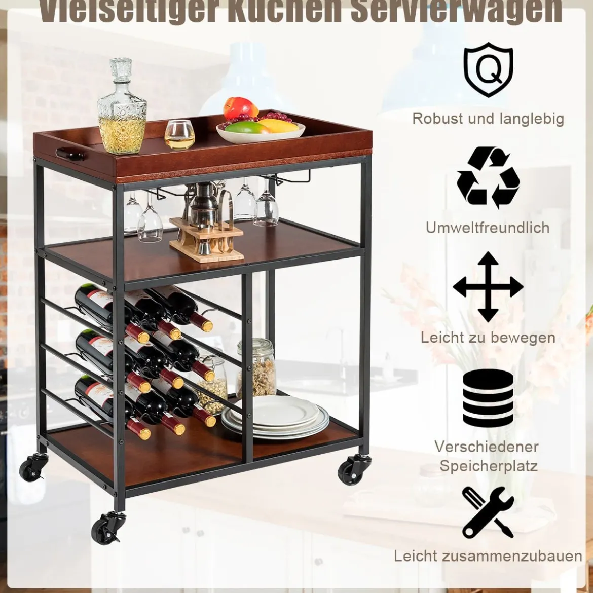 Küchenwagen 3 Ablagen Servierwagen Küchenrollwagen mit Universalrädern Holz Braun 71 x 45 x 93 cm