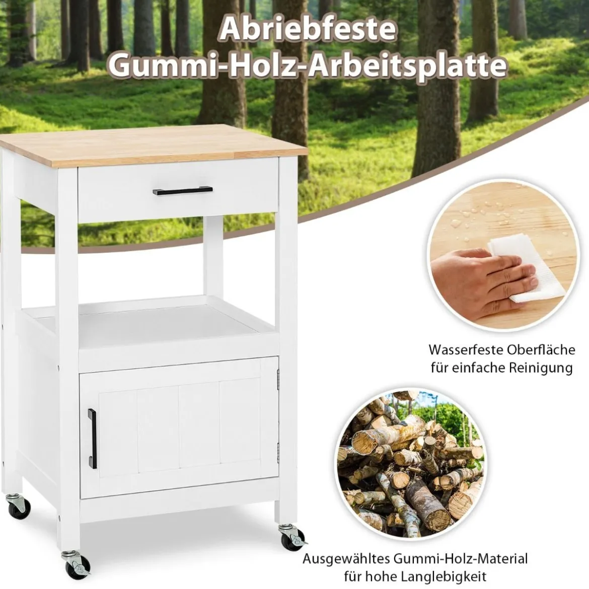 Küchenwagen auf Rädern Mobile Kücheninsel mit Gummiholzplatte 56 x 46 x 89 cm Weiß