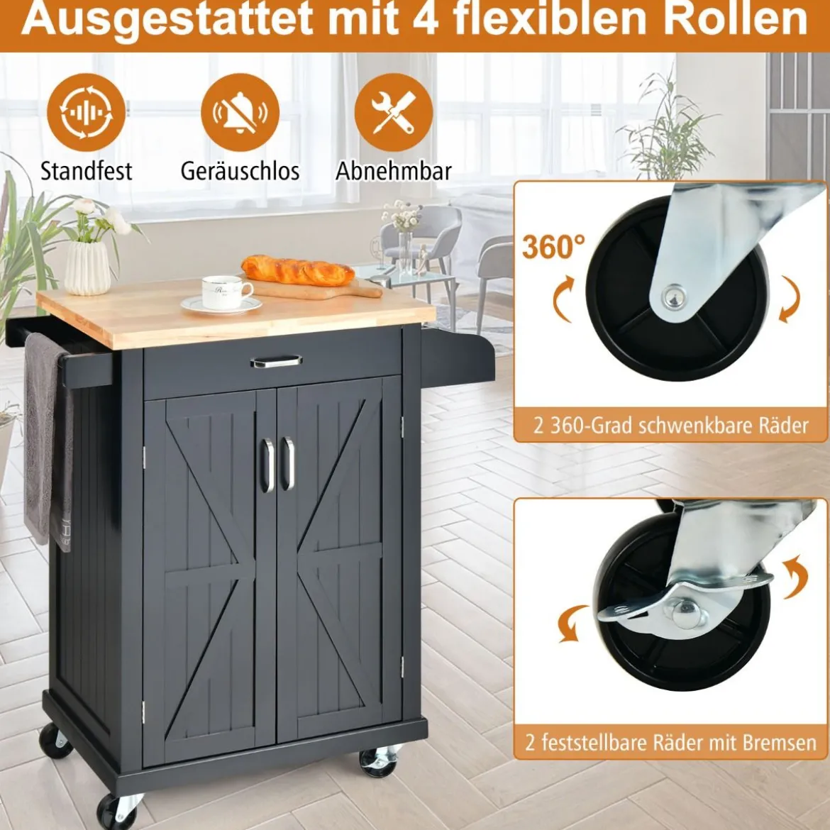 Küchenwagen auf Rollen Bewegliche Kücheninsel 89 x 45 x 96 cm Schwarz