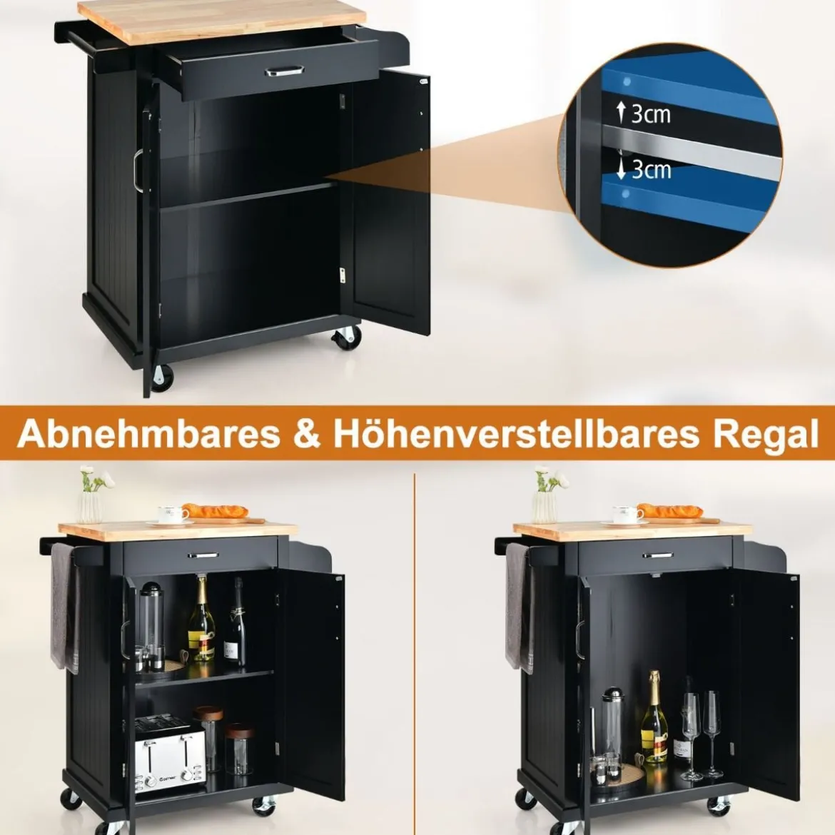 Küchenwagen auf Rollen Bewegliche Kücheninsel 89 x 45 x 96 cm Schwarz