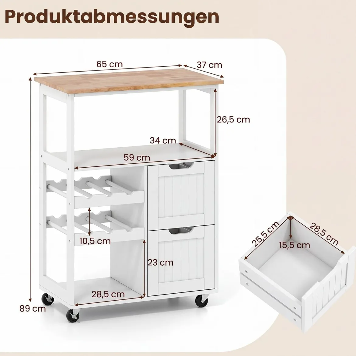 Küchenwagen auf Rollen Kücheninsel mit Offenen Regalen & Weinregal 65 x 37 x 89 cm Weiß