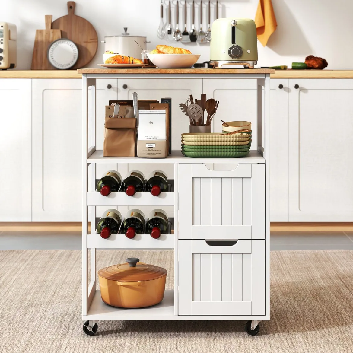 Küchenwagen auf Rollen Kücheninsel mit Offenen Regalen & Weinregal 65 x 37 x 89 cm Weiß