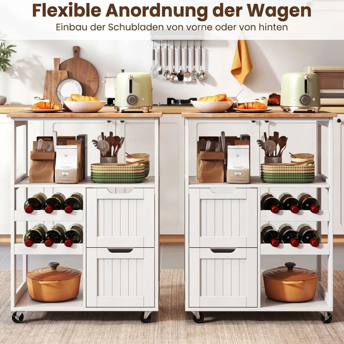 Küchenwagen auf Rollen Kücheninsel mit Offenen Regalen & Weinregal 65 x 37 x 89 cm Weiß