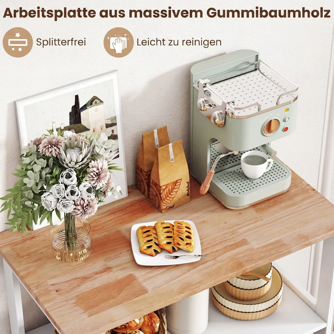 Küchenwagen auf Rollen Kücheninsel mit Offenen Regalen & Weinregal 65 x 37 x 89 cm Weiß
