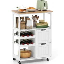Küchenwagen auf Rollen Kücheninsel mit Offenen Regalen & Weinregal 65 x 37 x 89 cm Weiß