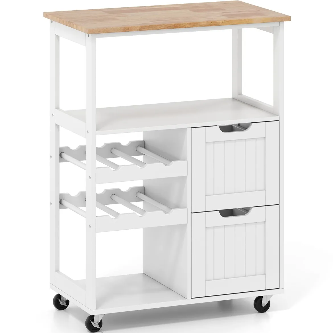 Küchenwagen auf Rollen Kücheninsel mit Offenen Regalen & Weinregal 65 x 37 x 89 cm Weiß