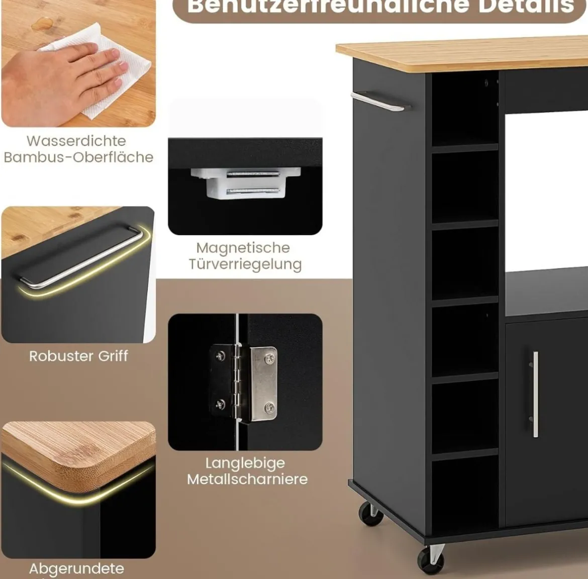 Küchenwagen auf Rollen mit Arbeitsplatte & Handtuchhalter & Gewürzregalen Servierwagen