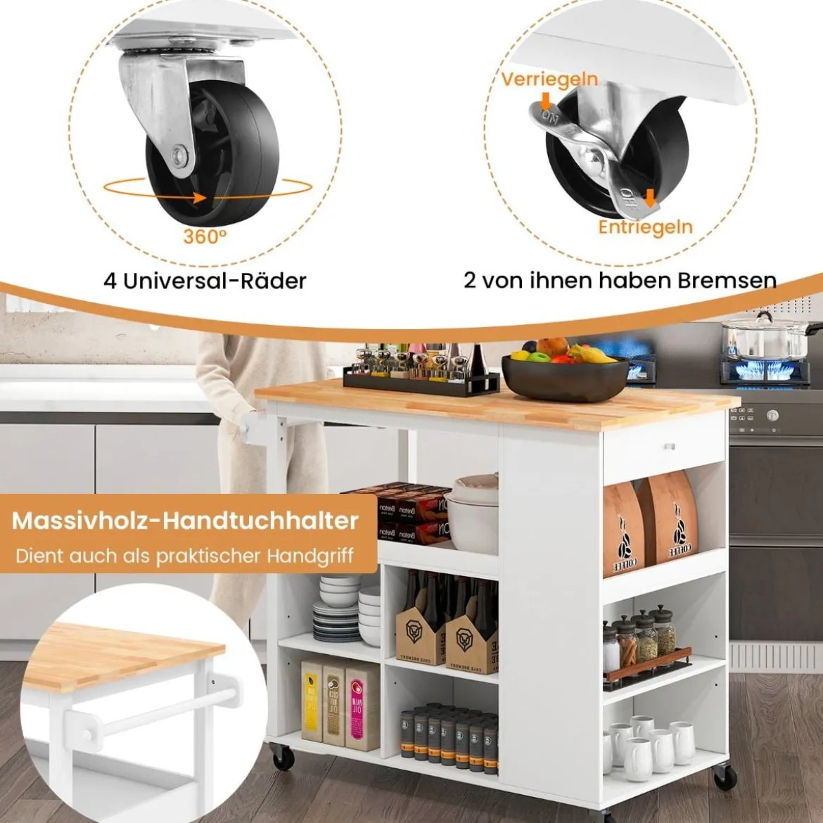 Küchenwagen auf Rollen mit Arbeitsplatte & Schublade & 4 Regalen & Handtuchhalter Weiß