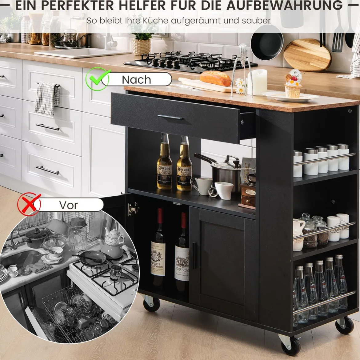Küchenwagen auf Rollen mit Ladestation & Arbeitsplatte & Schublade & 3 Gewürzregalen Schwarz + Natur