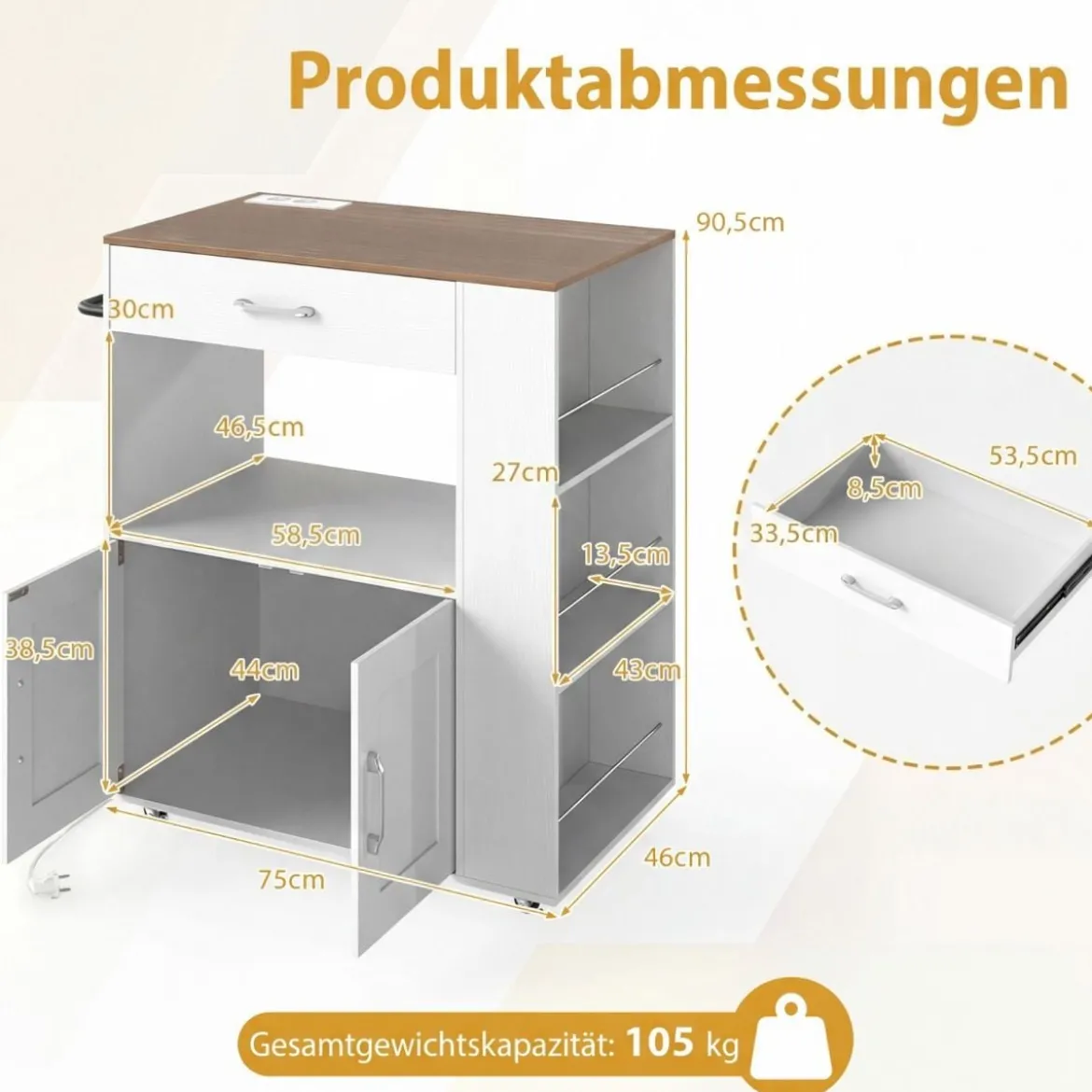 Küchenwagen auf Rollen mit Ladestation & Arbeitsplatte & Schublade & 3 Gewürzregalen Weiß + Natur