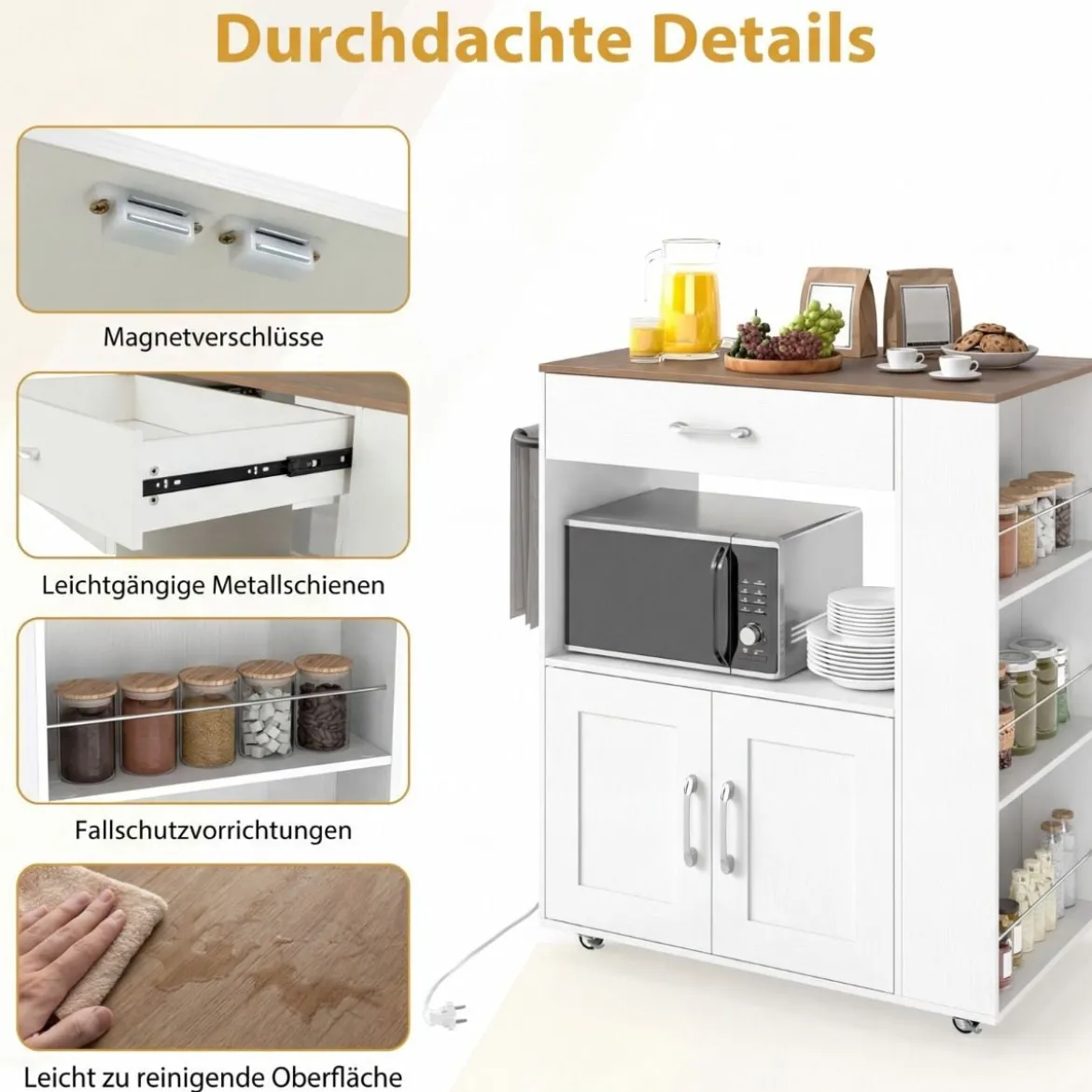 Küchenwagen auf Rollen mit Ladestation & Arbeitsplatte & Schublade & 3 Gewürzregalen Weiß + Natur