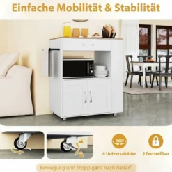 Küchenwagen auf Rollen mit Ladestation & Arbeitsplatte & Schublade & 3 Gewürzregalen Weiß + Natur