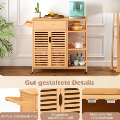 Küchenwagen aus Holz und Bambus Küchenschrank mit Rollen Rollwagen mit Schublade 104 x 40 x 89 cm Natur