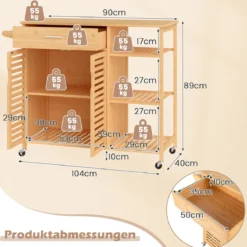 Küchenwagen aus Holz und Bambus Küchenschrank mit Rollen Rollwagen mit Schublade 104 x 40 x 89 cm Natur