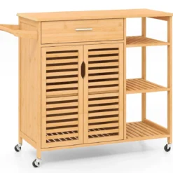 Küchenwagen aus Holz und Bambus Küchenschrank mit Rollen Rollwagen mit Schublade 104 x 40 x 89 cm Natur