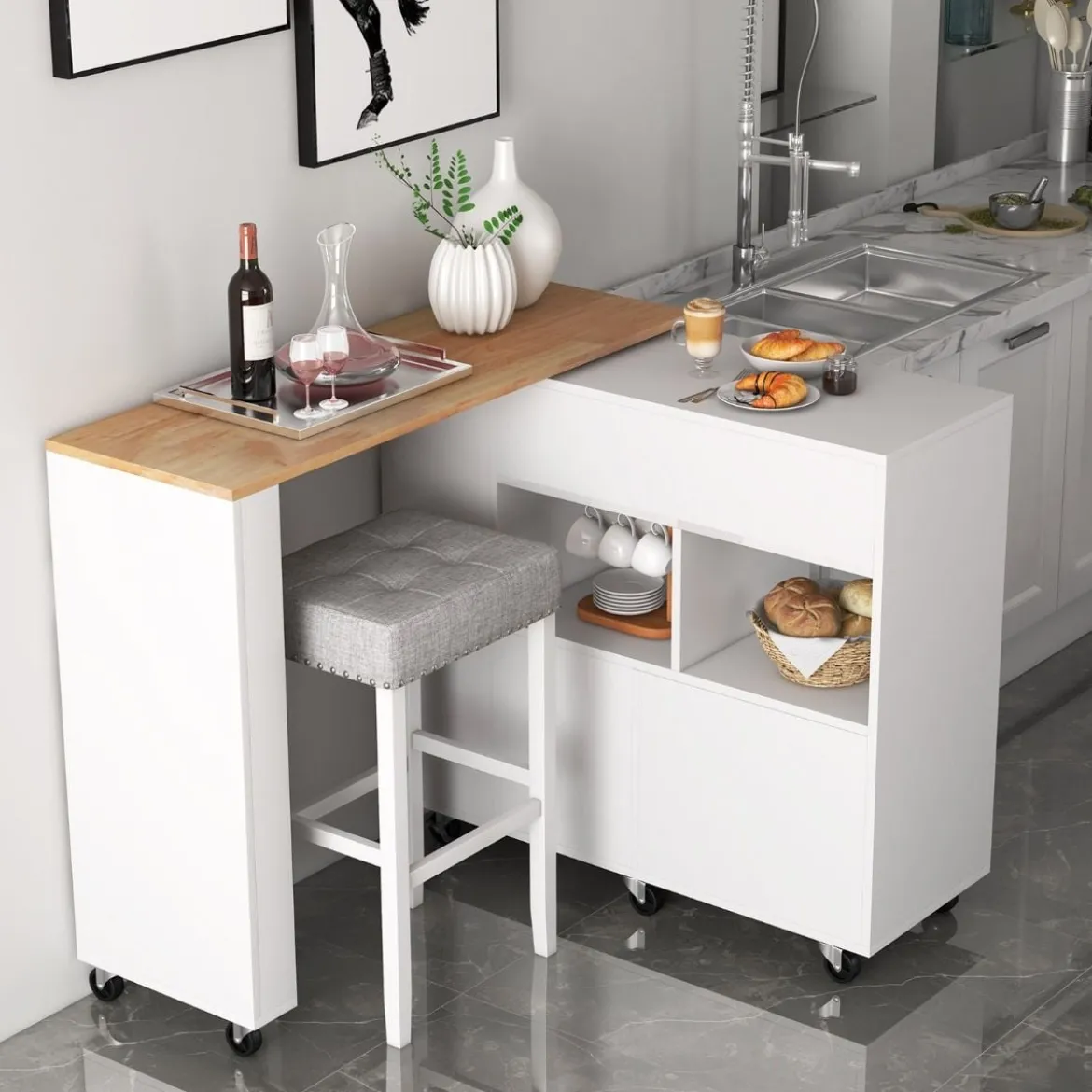 Küchenwagen & Bartisch mit Verstellbarem Regal & Schublade & Weinregal Servierwagen