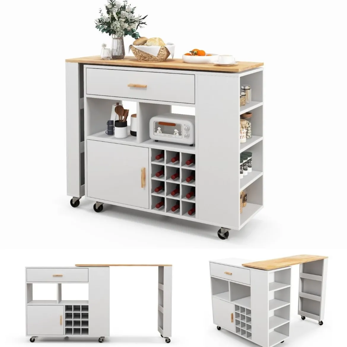 Küchenwagen & Bartisch mit Verstellbarem Regal & Schublade & Weinregal Servierwagen