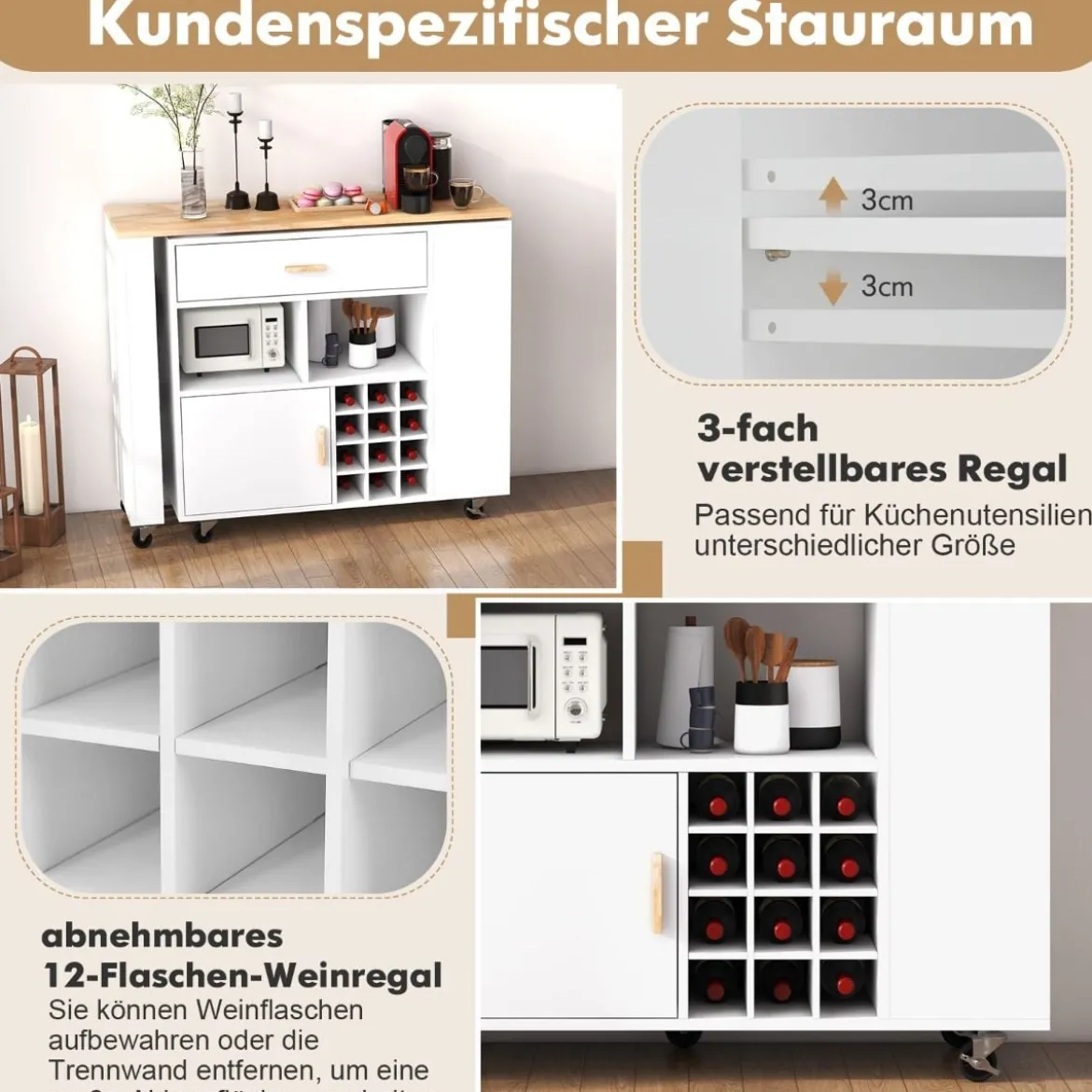 Küchenwagen & Bartisch mit Verstellbarem Regal & Schublade & Weinregal Servierwagen