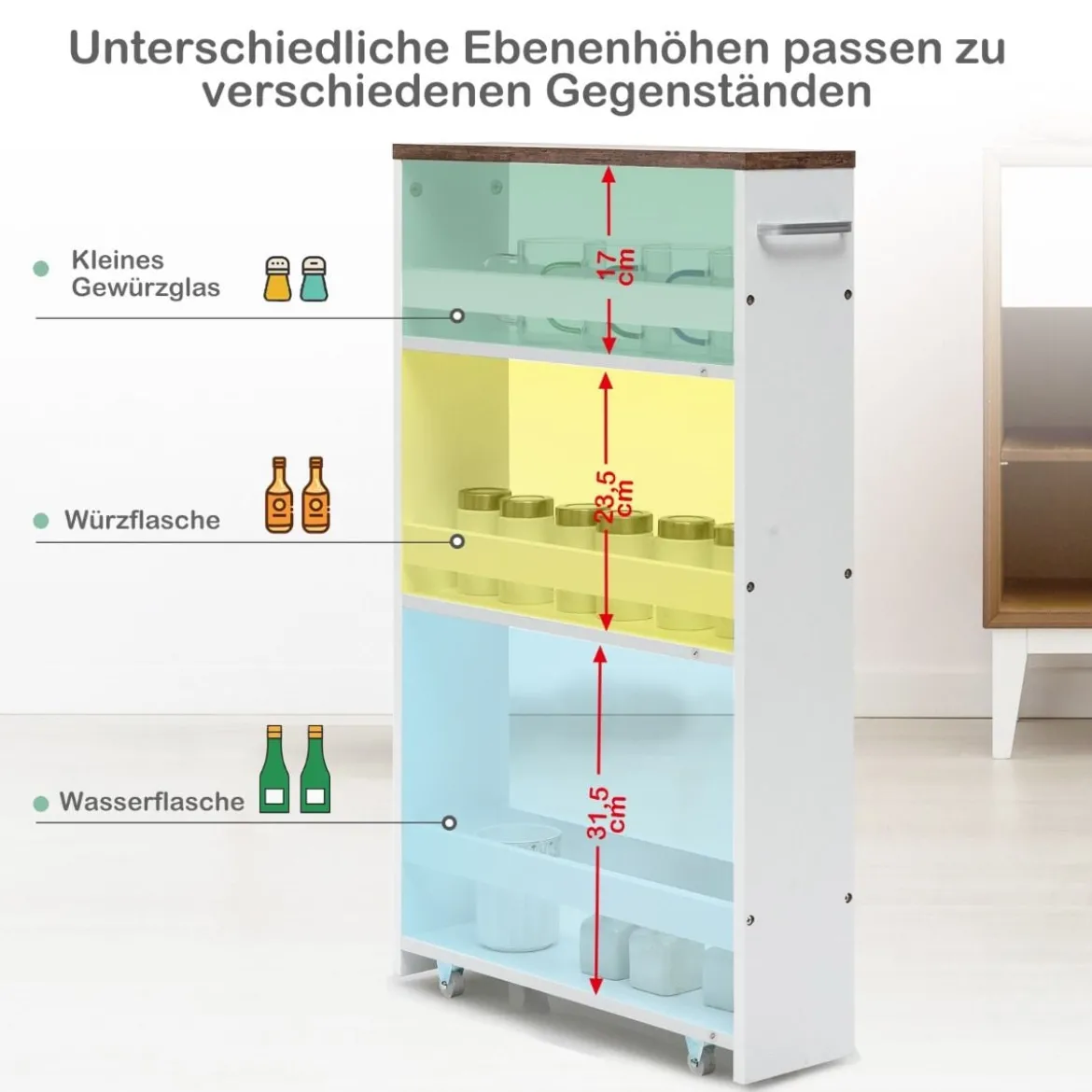 Küchenwagen 3 Etagen Rollwagen Küchenregal auf Rollen mit Schubladen 47,5 x 13 x 80,5 cm Weiß