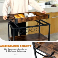 Küchenwagen Küchenwagen auf Rädern Barwagen mit Abnehmbarem Oberen Tablett 56 x 40,5 x 89 cm