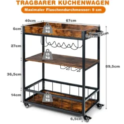 Küchenwagen Küchenwagen auf Rädern Barwagen mit Abnehmbarem Oberen Tablett 56 x 40,5 x 89 cm