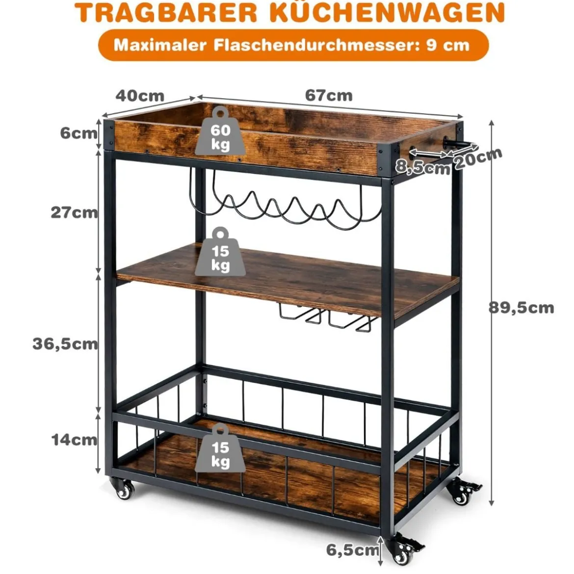Küchenwagen Küchenwagen auf Rädern Barwagen mit Abnehmbarem Oberen Tablett 56 x 40,5 x 89 cm