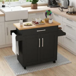 Küchenwagen mit Arbeitsplatte rollbare Kücheninsel mit Schublade & verstellbarem Regal Servierwagen Natur + Schwarz