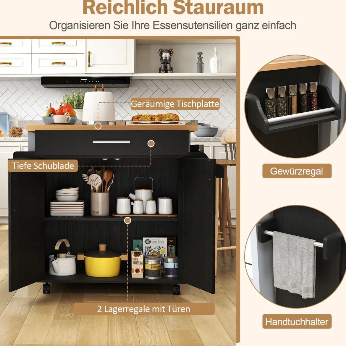 Küchenwagen mit Arbeitsplatte rollbare Kücheninsel mit Schublade & verstellbarem Regal Servierwagen Natur + Schwarz