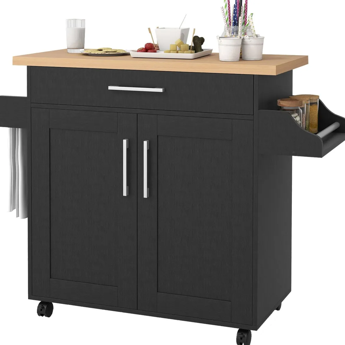 Küchenwagen mit Arbeitsplatte rollbare Kücheninsel mit Schublade & verstellbarem Regal Servierwagen Natur + Schwarz