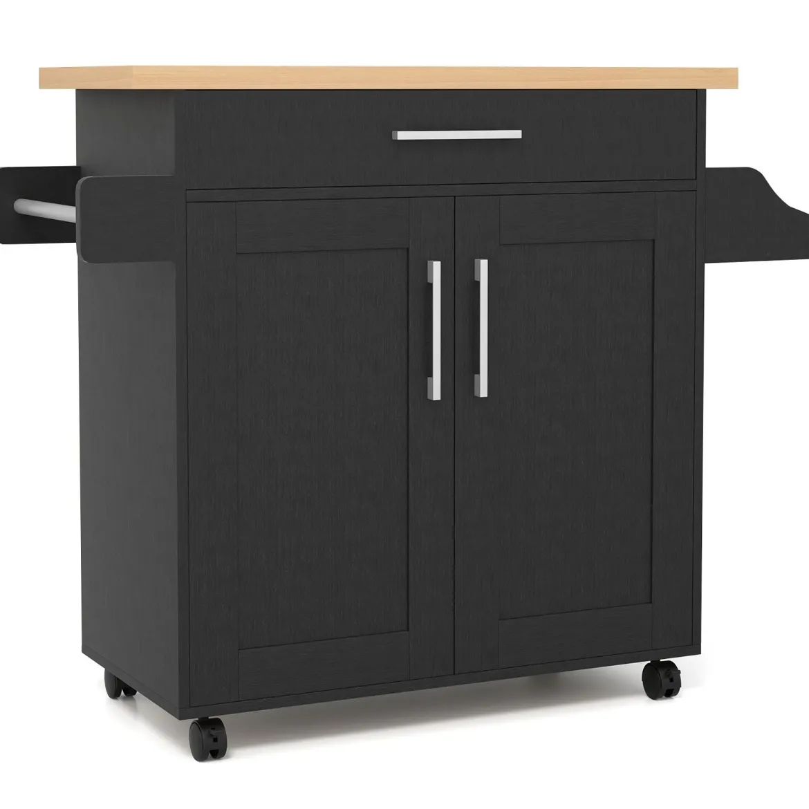 Küchenwagen mit Arbeitsplatte rollbare Kücheninsel mit Schublade & verstellbarem Regal Servierwagen Natur + Schwarz