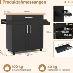 Küchenwagen mit Arbeitsplatte rollbare Kücheninsel mit Schublade & verstellbarem Regal Servierwagen Natur + Schwarz