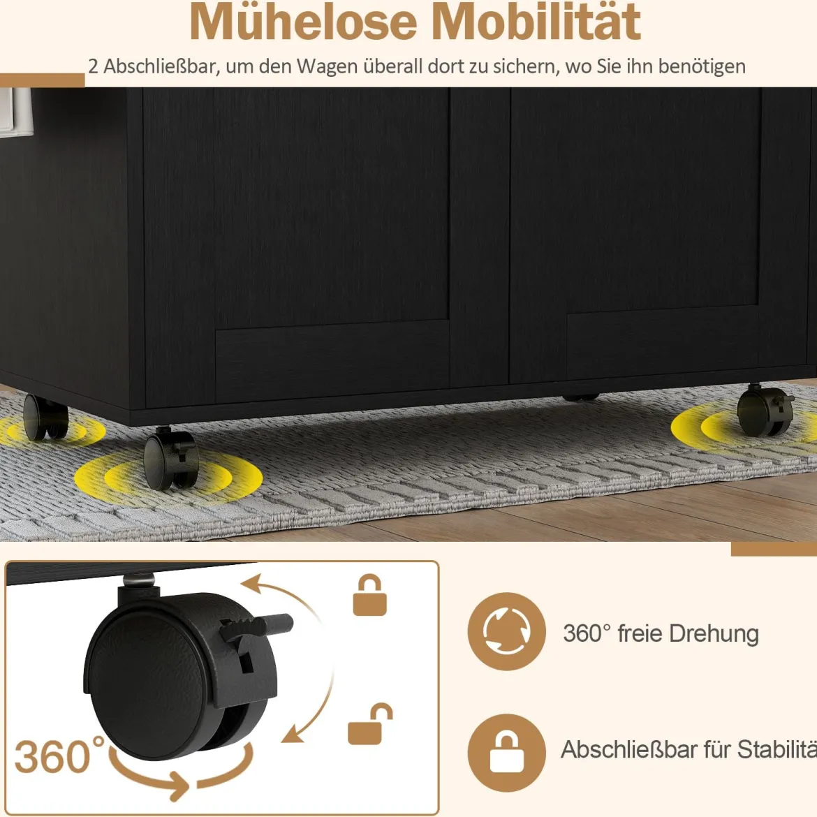 Küchenwagen mit Arbeitsplatte rollbare Kücheninsel mit Schublade & verstellbarem Regal Servierwagen Natur + Schwarz