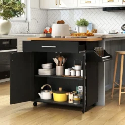 Küchenwagen mit Arbeitsplatte rollbare Kücheninsel mit Schublade & verstellbarem Regal Servierwagen Natur + Schwarz