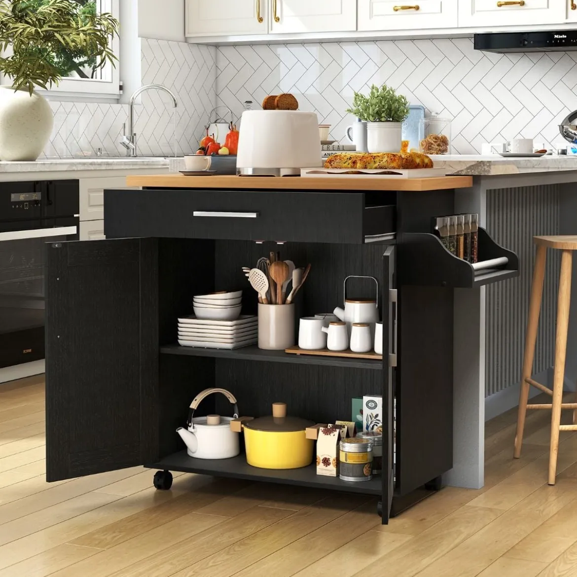 Küchenwagen mit Arbeitsplatte rollbare Kücheninsel mit Schublade & verstellbarem Regal Servierwagen Natur + Schwarz
