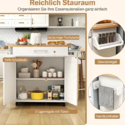 Küchenwagen mit Arbeitsplatte rollbare Kücheninsel mit Schublade & verstellbarem Regal Servierwagen Natur + Weiß