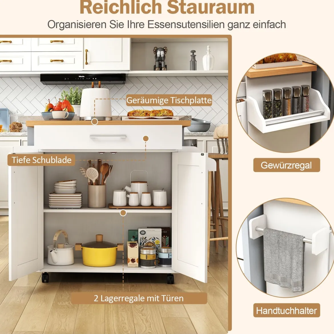 Küchenwagen mit Arbeitsplatte rollbare Kücheninsel mit Schublade & verstellbarem Regal Servierwagen Natur + Weiß