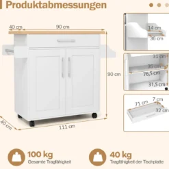 Küchenwagen mit Arbeitsplatte rollbare Kücheninsel mit Schublade & verstellbarem Regal Servierwagen Natur + Weiß