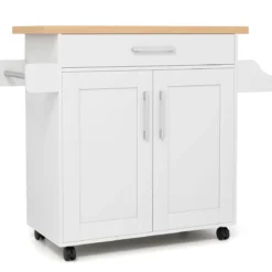 Küchenwagen mit Arbeitsplatte rollbare Kücheninsel mit Schublade & verstellbarem Regal Servierwagen Natur + Weiß