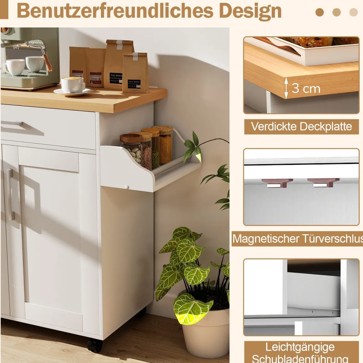Küchenwagen mit Arbeitsplatte rollbare Kücheninsel mit Schublade & verstellbarem Regal Servierwagen Natur + Weiß