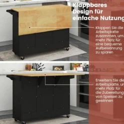 Küchenwagen mit Klapparbeitsplatte & 4 Drehbaren Rollen & Tiefer Schublade Kücheninsel Schwarz