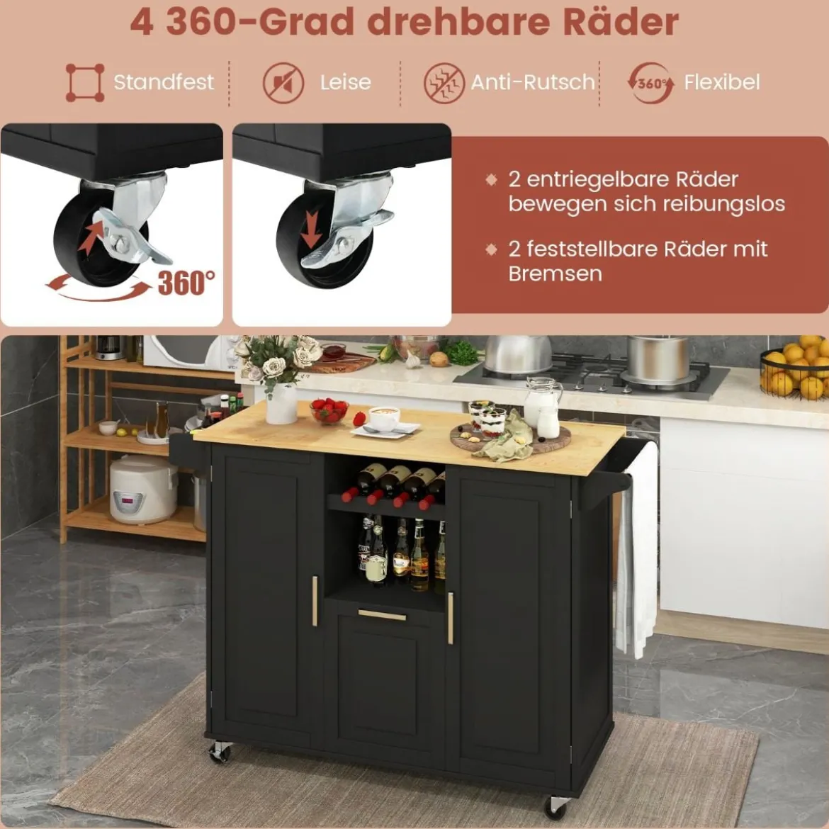 Küchenwagen mit Klapparbeitsplatte & 4 Drehbaren Rollen & Tiefer Schublade Kücheninsel Schwarz