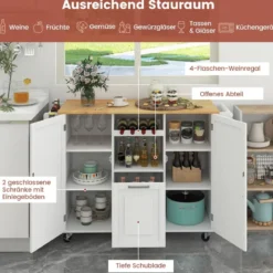 Küchenwagen mit Klapparbeitsplatte & 4 Drehbaren Rollen & Tiefer Schublade Kücheninsel Weiß
