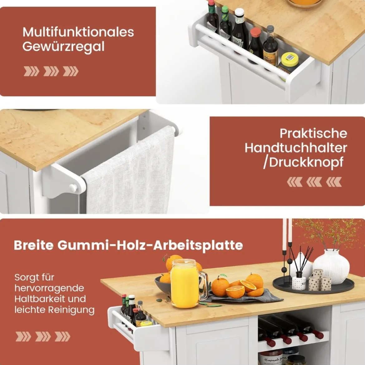 Küchenwagen mit Klapparbeitsplatte & 4 Drehbaren Rollen & Tiefer Schublade Kücheninsel Weiß