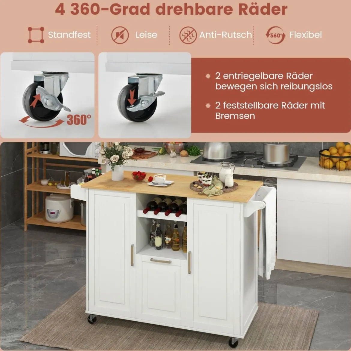 Küchenwagen mit Klapparbeitsplatte & 4 Drehbaren Rollen & Tiefer Schublade Kücheninsel Weiß