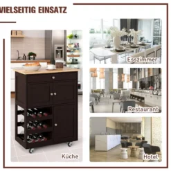 Küchenwagen mit Schubladen & 3-stöckigem Weinregal & Arbeitsplatte Servierwagen Braun